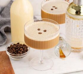 eggnog espresso martini, Eggnog Espresso Martini in a Coupe Glass with Coffee Beans
