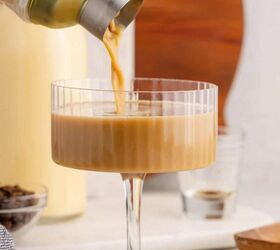 eggnog espresso martini, Eggnog Espresso Martini Being Poured into a Coupe Glass