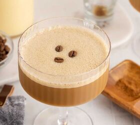 eggnog espresso martini, Eggnog Espresso Martini in a Coupe Glass with Coffee Beans