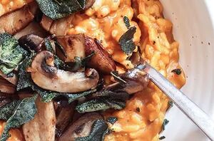 A deliciously creamy pumpkin risotto topped with savory surprises