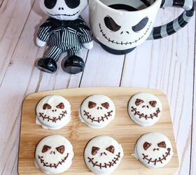 halloween jack skellington cookies with oreos, Jack Skellington themed Halloween cookies on a wooden board styled with a striped mug and plush doll to match The Nightmare Before Christmas theme