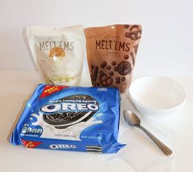halloween jack skellington cookies with oreos, Ingredients for Halloween Oreo cookie treats including Oreo cookies Sweetshop Melt ems white and chocolate candy melts a bowl and a spoon