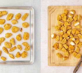 spicy chicken waffle cones with creamy sriracha sauce, Baked chicken nuggets on a cutting board being chopped into bite sized pieces