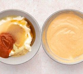 spicy chicken waffle cones with creamy sriracha sauce, Mixing sriracha mayo sour cream lime juice and seasonings in a bowl with a spoon