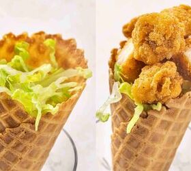 spicy chicken waffle cones with creamy sriracha sauce, Assembling a chicken waffle cone with lettuce chopped chicken creamy sauce and cilantro garnish