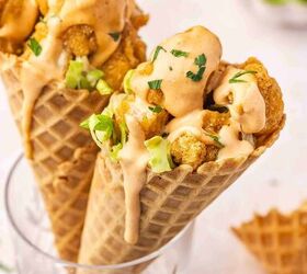 spicy chicken waffle cones with creamy sriracha sauce, Chicken stuffed waffle cone with vibrant toppings and creamy hot sauce
