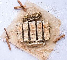 cinnamon rice cake protein bars with dates maple cream cheese frost, cinnamon rice cake protein bars sliced into 8 bars