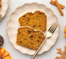 easy pumpkin bread with cake mix moist delicious, Close up of two pumpkin bread slices on a dessert plate accompanied by a fork