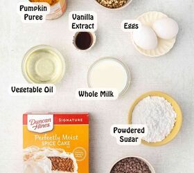 easy pumpkin bread with cake mix moist delicious, All ingredients laid out for making pumpkin bread with spice cake mix including pumpkin pur e eggs oil milk vanilla spice cake mix pecans and mini chocolate chips