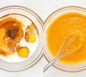 easy pumpkin bread with cake mix moist delicious, Whisking pumpkin pur e eggs oil milk and vanilla together in a large mixing bowl