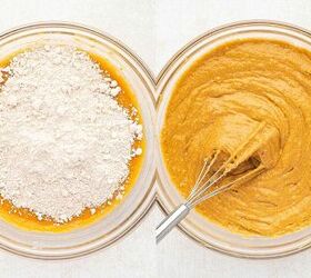 easy pumpkin bread with cake mix moist delicious, Adding spice cake mix to the wet mixture and stirring until smooth