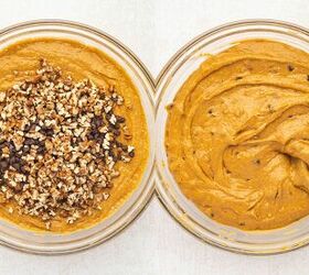 easy pumpkin bread with cake mix moist delicious, Folding chopped pecans and mini chocolate chips into the pumpkin bread batter