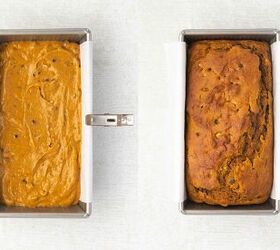 easy pumpkin bread with cake mix moist delicious, Pouring batter into a loaf pan ready to go into the oven