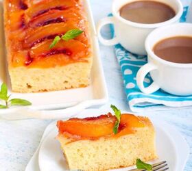 peach upside down cake recipe deliciously peach dessert, Overhead image of Peach Upside Down Cake with a slice on a plate