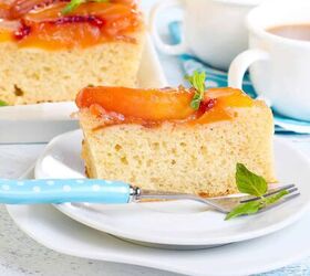 peach upside down cake recipe deliciously peach dessert, A slice of Peach Upside Down Cake on a plate with a fork