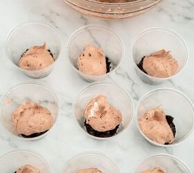 graveyard dirt cake cups easy no bake halloween, Plastic dessert cups with Oreo crumb base topped with scoops of chocolate pudding and cream cheese mixture