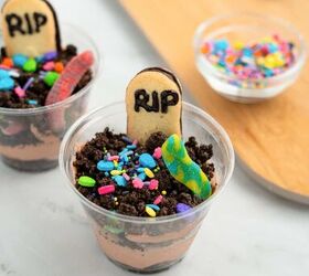 graveyard dirt cake cups easy no bake halloween, Festive dirt cake cups decorated with RIP cookies candy worms and bright Halloween sprinkles
