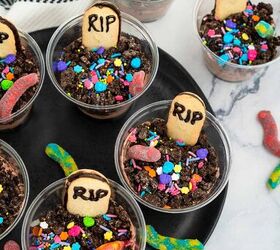 graveyard dirt cake cups easy no bake halloween, Chocolate dirt pudding cups decorated with Oreo dirt gummy worms and RIP Milano cookies for Halloween