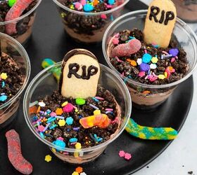 graveyard dirt cake cups easy no bake halloween, Fun Halloween dessert cups with layers of chocolate pudding crushed Oreos gummy worms and cookie tombstones