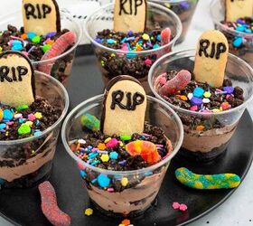 graveyard dirt cake cups easy no bake halloween, Individual Halloween dirt cake cup with Oreo crumbs gummy worm candy colorful sprinkles and a RIP Milano cookie tombstone