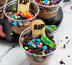 graveyard dirt cake cups easy no bake halloween, Festive no bake Halloween dessert cups with Oreo crumbs gummy worms sprinkles and RIP Milano cookies