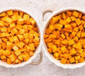 skillet sweet potato breakfast hash easy one pan recipe, Diced sweet potatoes in a microwave safe bowl being microwaved to soften