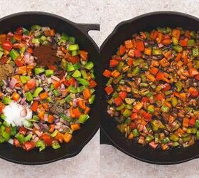 skillet sweet potato breakfast hash easy one pan recipe, Chopped onion garlic and bell peppers saut ing in a skillet with spices