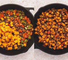 skillet sweet potato breakfast hash easy one pan recipe, Sweet potatoes added to the skillet cooking until golden and crispy