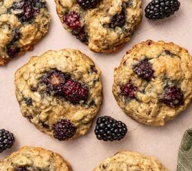 Overhead shot of homemade blackberry oatmeal cookies with fresh berries