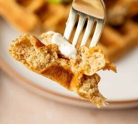 apple cinnamon waffles easy homemade waffle recipe, Close up of crispy waffles with grated apple and cinnamon in a fork showing inside part