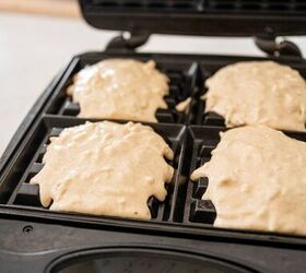 apple cinnamon waffles easy homemade waffle recipe, Batter being poured in the waffle maker to make apple waffles