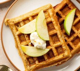 apple cinnamon waffles easy homemade waffle recipe, Overhead shot of homemade apple cinnamon waffles with butter and syrup