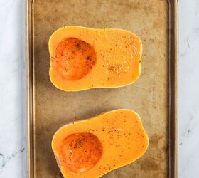 creamy butternut squash soup, Butternut squash on a baking sheet