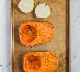 creamy butternut squash soup, Roasted squash and onion on baking sheet