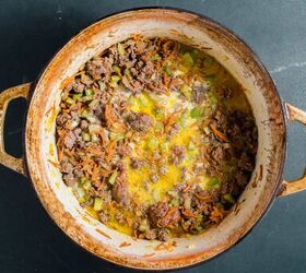 beef bolognese, Ground beef veggies and milk in a pot