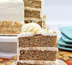 cinnamon toast crunch layer cake, a large slice of a three layer cinnamon toast crunch cake with a whole cake in the background
