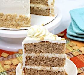 cinnamon toast crunch layer cake, a three layer slice of cinnamon toast crunch cake topped with buttercream and more cereal