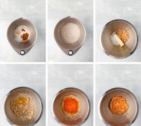 carrot cake cookies, Six image collage of a mixing bowl step by step flour sugar cinnamon in first mixed dry ingredients in second brown sugar and butter in third mixture with egg in fourth added carrots in fifth mixed carrot cake batter in the last image