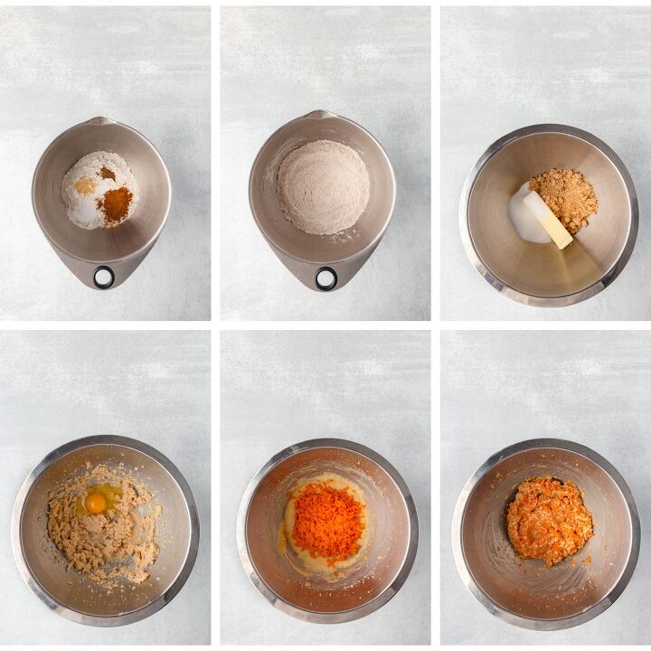 carrot cake cookies, Six image collage of a mixing bowl step by step flour sugar cinnamon in first mixed dry ingredients in second brown sugar and butter in third mixture with egg in fourth added carrots in fifth mixed carrot cake batter in the last image