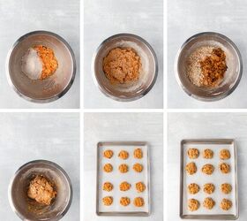 carrot cake cookies, Step by step images show mixing ingredients in a bowl forming dough and placing cookie dough balls on a baking sheet ready for baking
