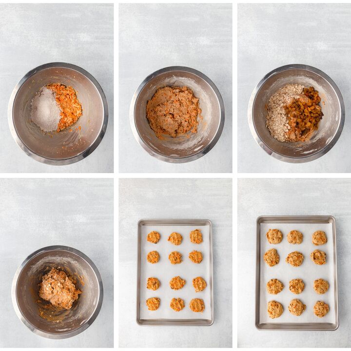 carrot cake cookies, Step by step images show mixing ingredients in a bowl forming dough and placing cookie dough balls on a baking sheet ready for baking