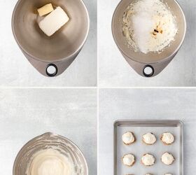 carrot cake cookies, A four image collage showing the stages of making frosting and frosting cupcakes First image butter and cream cheese in a mixing bowl Second powdered sugar and vanilla added Third creamy frosting Fourth cupcakes frosted on a baking sheet