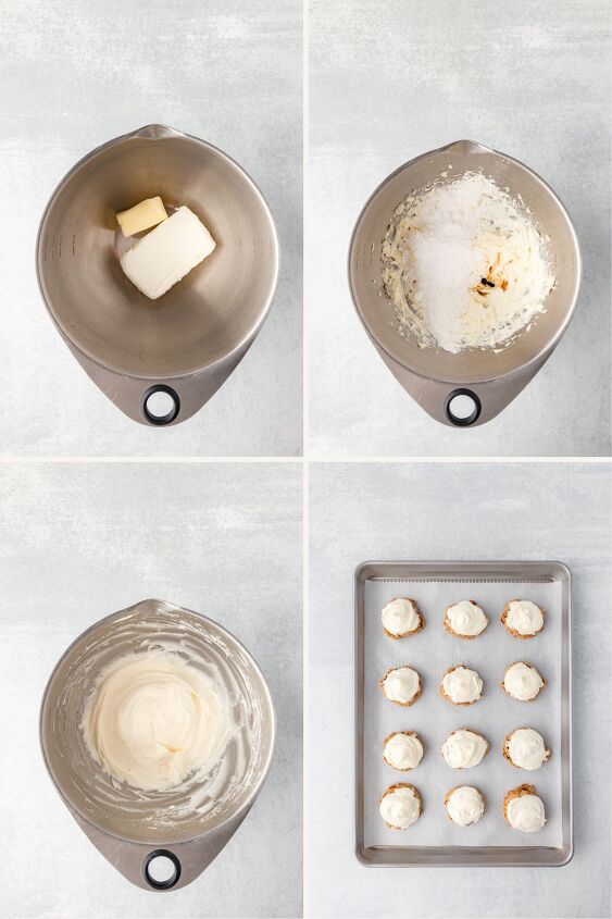 carrot cake cookies, A four image collage showing the stages of making frosting and frosting cupcakes First image butter and cream cheese in a mixing bowl Second powdered sugar and vanilla added Third creamy frosting Fourth cupcakes frosted on a baking sheet