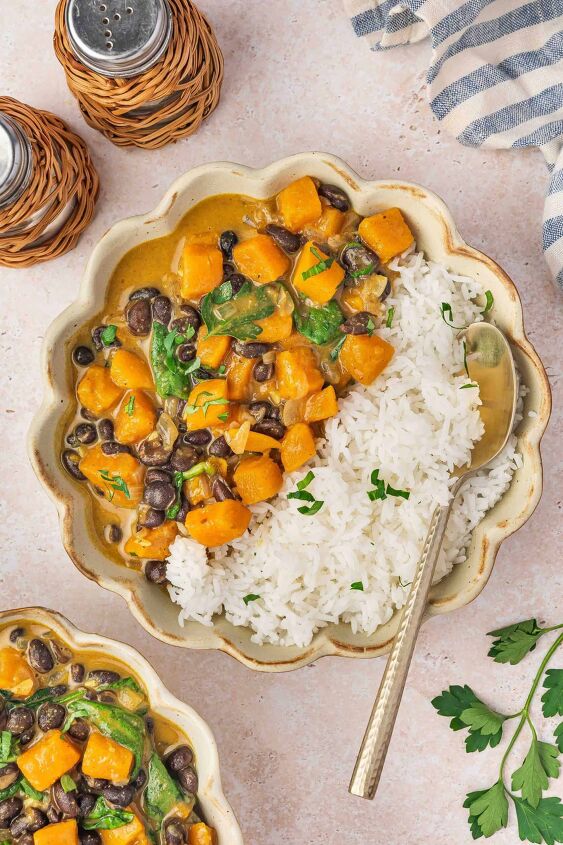sweet potato black bean coconut curry easy one pot recipe, Comforting one pot curry made with sweet potatoes and beans served over white rice