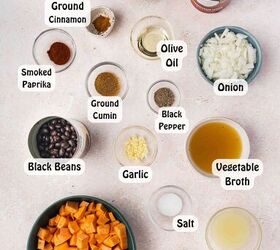 sweet potato black bean coconut curry easy one pot recipe, Fresh ingredients for sweet potato black bean coconut curry including sweet potatoes black beans coconut milk onion garlic spinach spices and lime