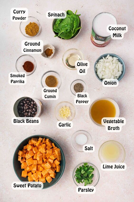 sweet potato black bean coconut curry easy one pot recipe, Fresh ingredients for sweet potato black bean coconut curry including sweet potatoes black beans coconut milk onion garlic spinach spices and lime