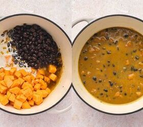 sweet potato black bean coconut curry easy one pot recipe, Sweet potatoes black beans coconut milk and stock simmering together in a pot