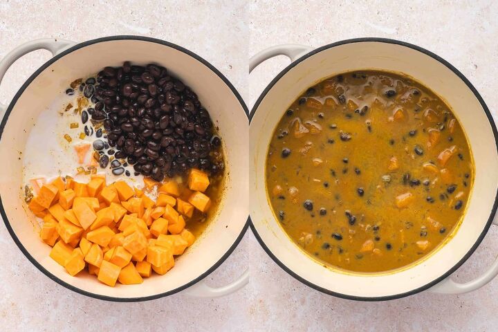 sweet potato black bean coconut curry easy one pot recipe, Sweet potatoes black beans coconut milk and stock simmering together in a pot