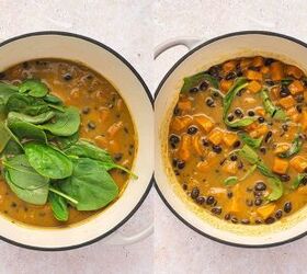 sweet potato black bean coconut curry easy one pot recipe, Fresh spinach stirred into curry with parsley garnish served with rice