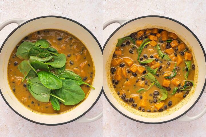 sweet potato black bean coconut curry easy one pot recipe, Fresh spinach stirred into curry with parsley garnish served with rice